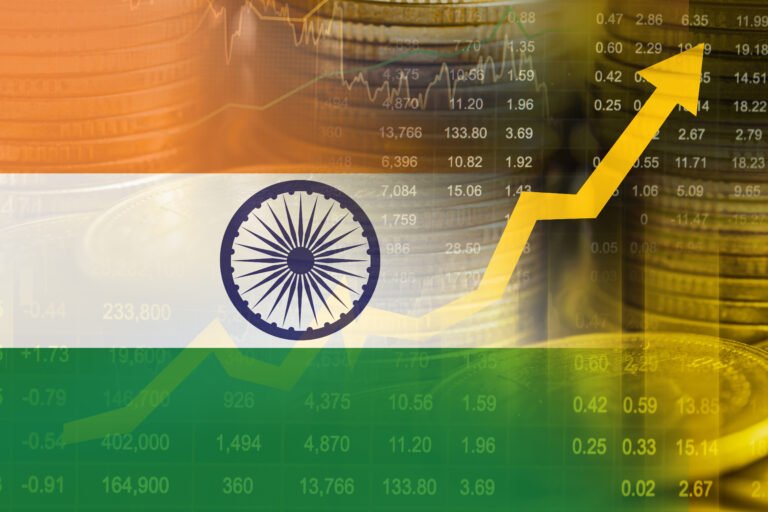 India flag with stock market finance, economy trend graph digita