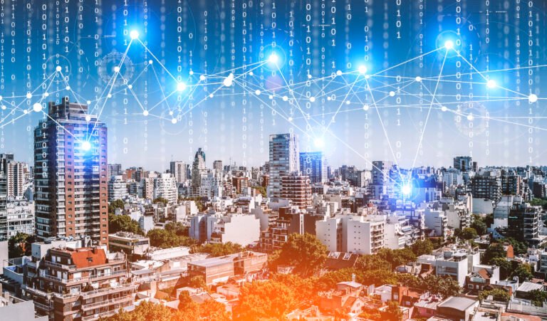 Big data technology city landscape. Futuristic 5g city with transport, business, technology network